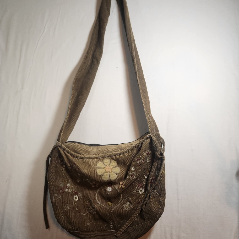Y2k Vintage Corduroy Floral Embroidered Crossbody Bag Boho Cottagecore Hobo
